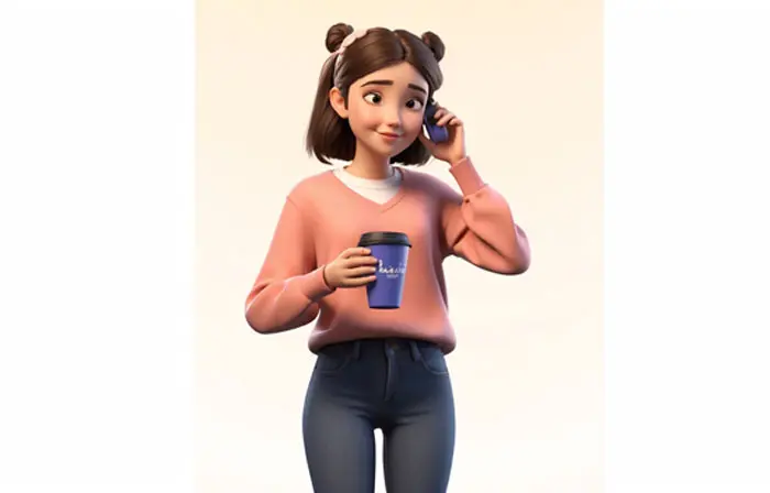 Artwork of Girl Talking on Mobile with Coffee 3D Character Illustration image